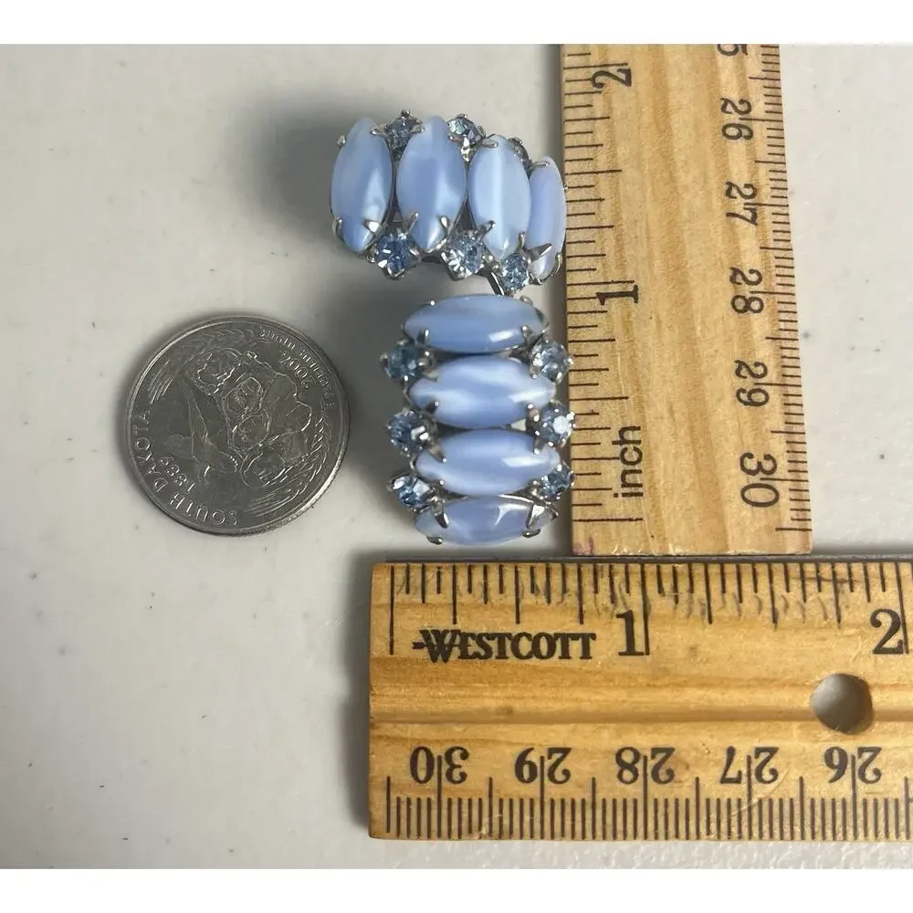 Blue Moonstone Art Glass Rhinestone Clip On Earrings 50s 60s Vintage MCM Mod